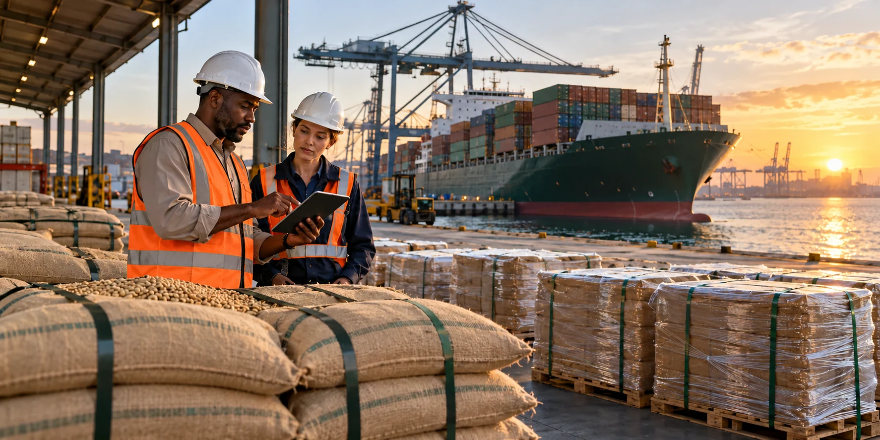 Food-grade export cargo being coordinated beside an international vessel