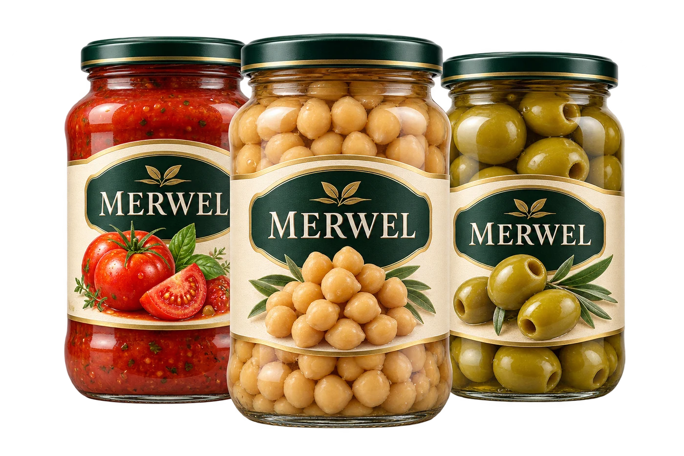 Merwel processed foods in realistic glass jars