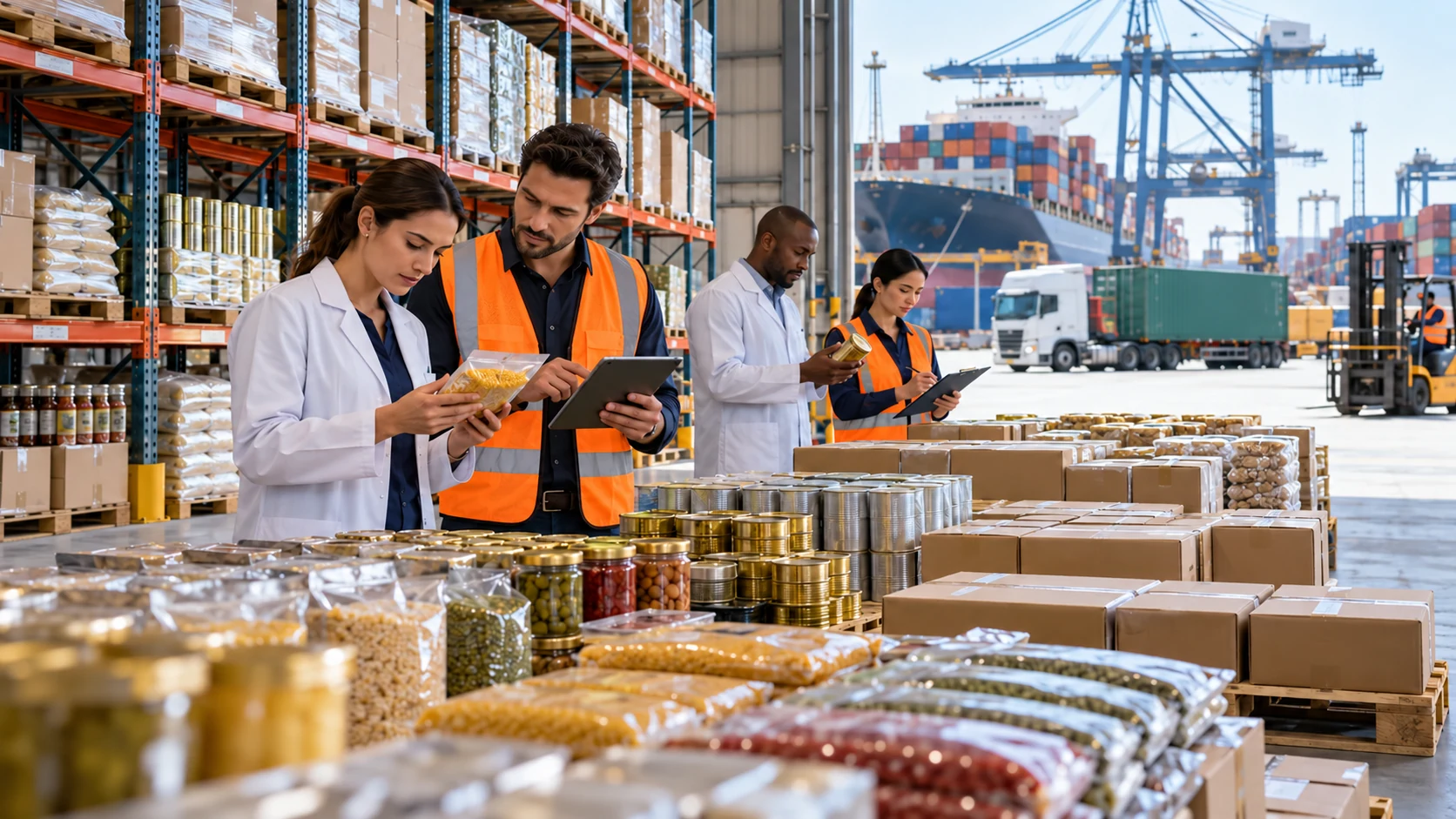 Food quality and logistics professionals inspecting processed foods in an international distribution warehouse